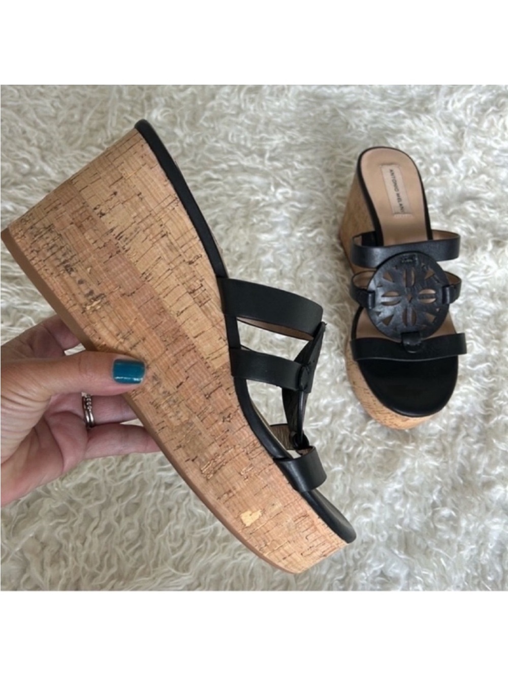 Antonio Melani Quinnlynn Leather Black Cork Platform Wedge Heel Sandals Sz 9